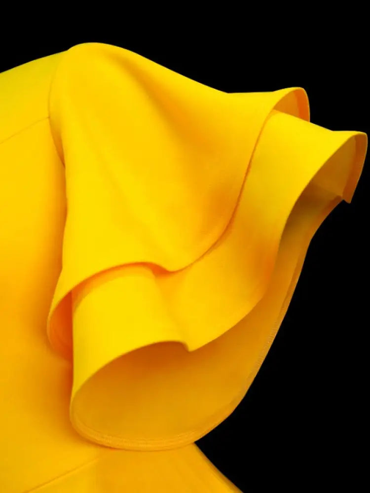Yellow Halter O Neck Short Ruffles Sleeves Pleated Dress