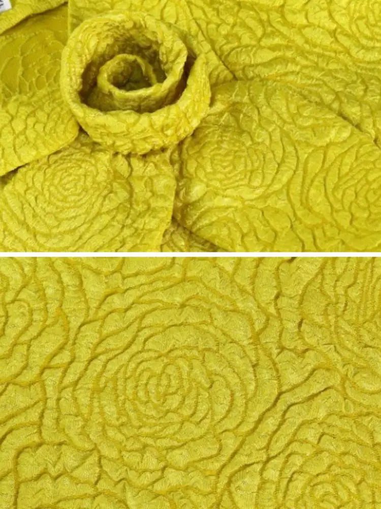 Yellow Jacquard A Line Dresses 3D Flower Short Puff Sleeve