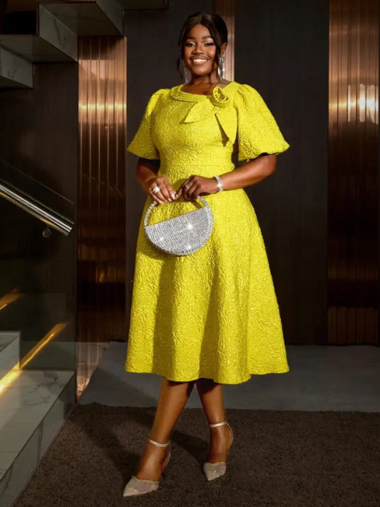 Yellow Jacquard A Line Dresses 3D Flower Short Puff Sleeve