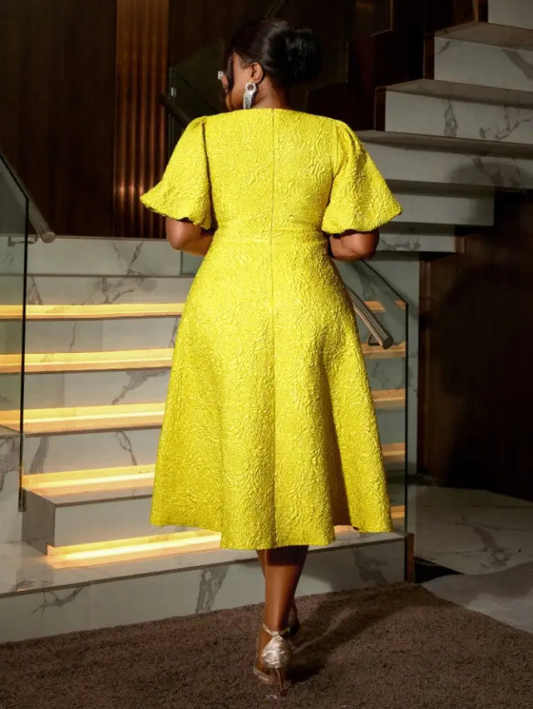 Yellow Jacquard A Line Dresses 3D Flower Short Puff Sleeve
