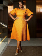 Yellow Jacquard A Line Dresses 3D Flower Short Puff Sleeve