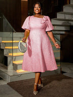 Yellow Jacquard A Line Dresses 3D Flower Short Puff Sleeve