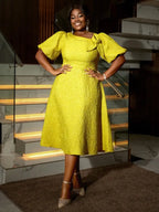 Yellow Jacquard A Line Dresses 3D Flower Short Puff Sleeve