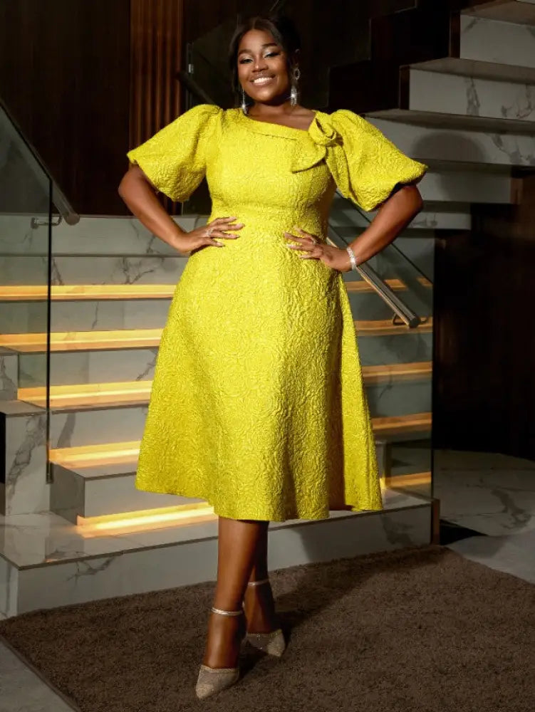 Yellow Jacquard A Line Dresses 3D Flower Short Puff Sleeve