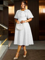 Yellow Jacquard A Line Dresses 3D Flower Short Puff Sleeve