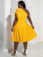 Yellow One Shoulder Ruffle High Waist Pleated A Line Dress