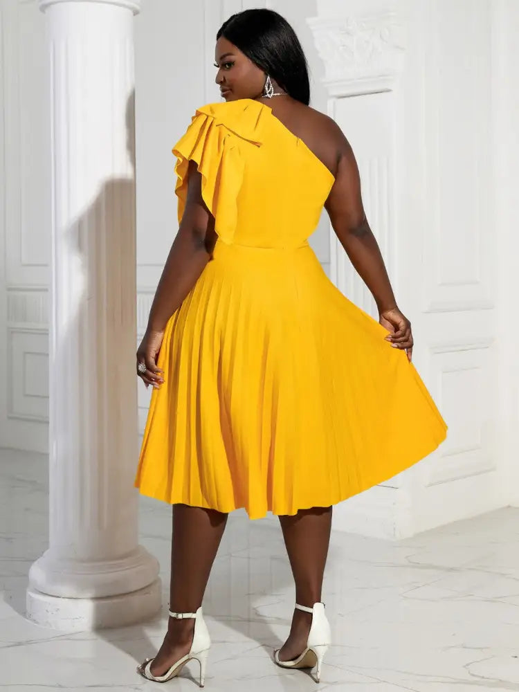 Yellow One Shoulder Ruffle High Waist Pleated A Line Dress