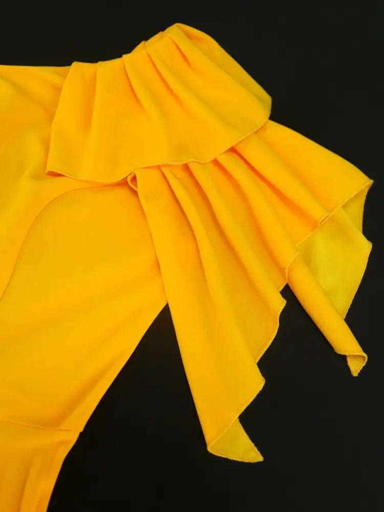Yellow One Shoulder Ruffle High Waist Pleated A Line Dress