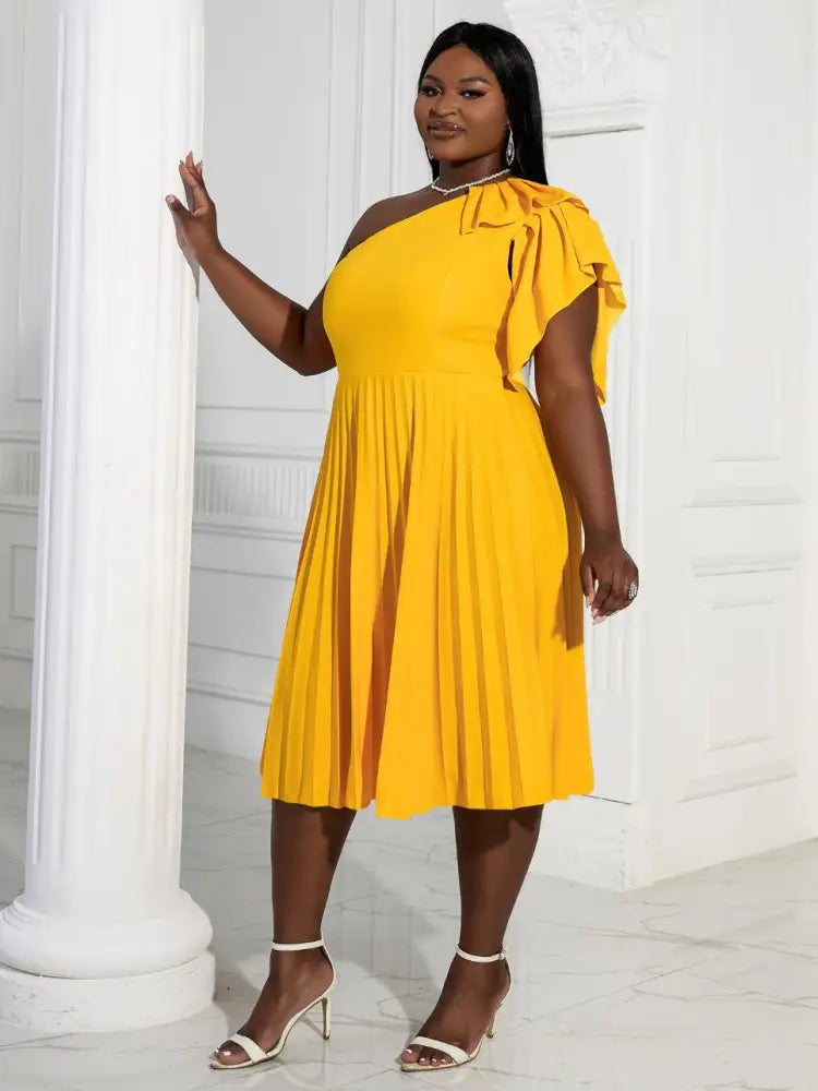 Yellow One Shoulder Ruffle High Waist Pleated A Line Dress