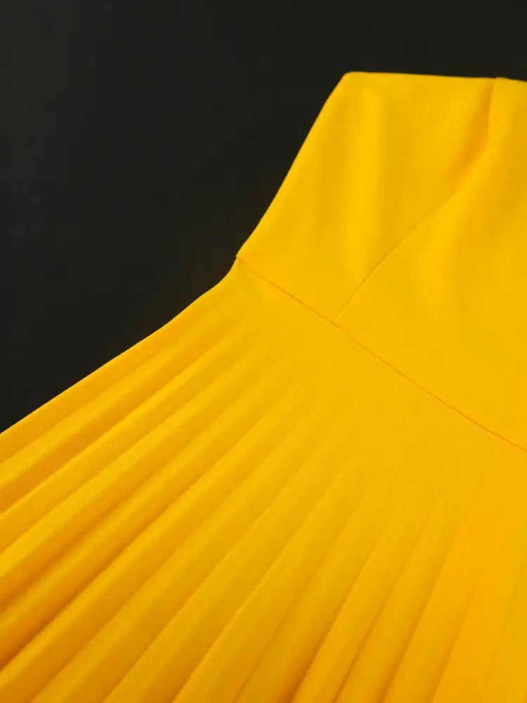Yellow One Shoulder Ruffle High Waist Pleated A Line Dress