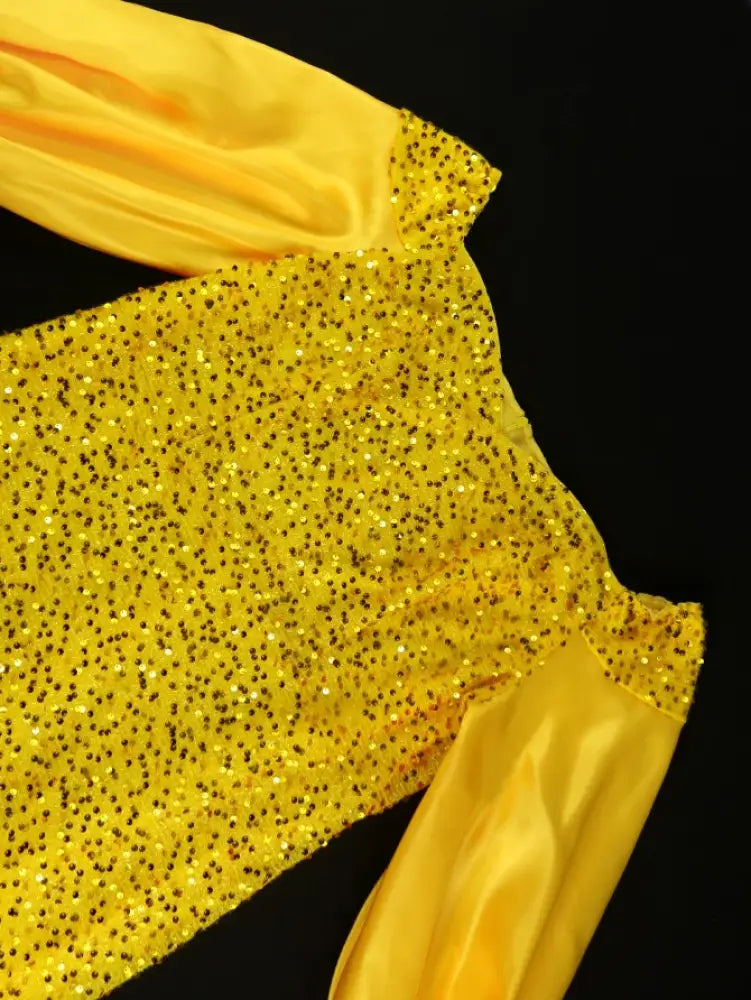 Yellow Sequins Dress Off Shoulder Patchwork Lantern Sleeve