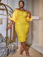 Yellow Sequins Dress Off Shoulder Patchwork Lantern Sleeve