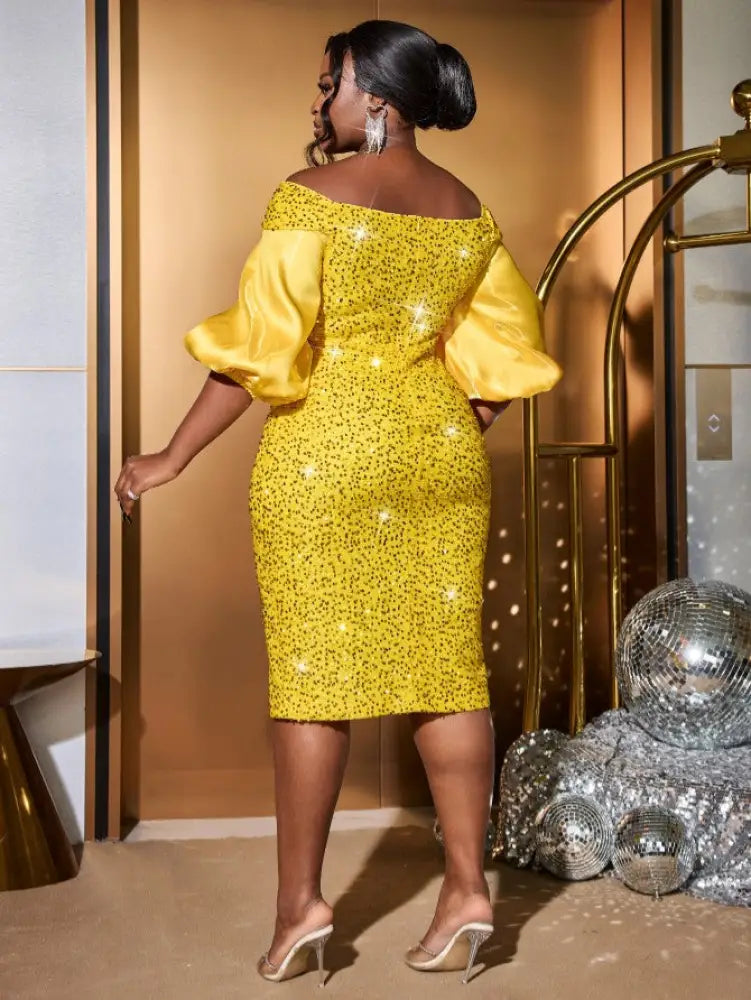 Yellow Sequins Dress Off Shoulder Patchwork Lantern Sleeve