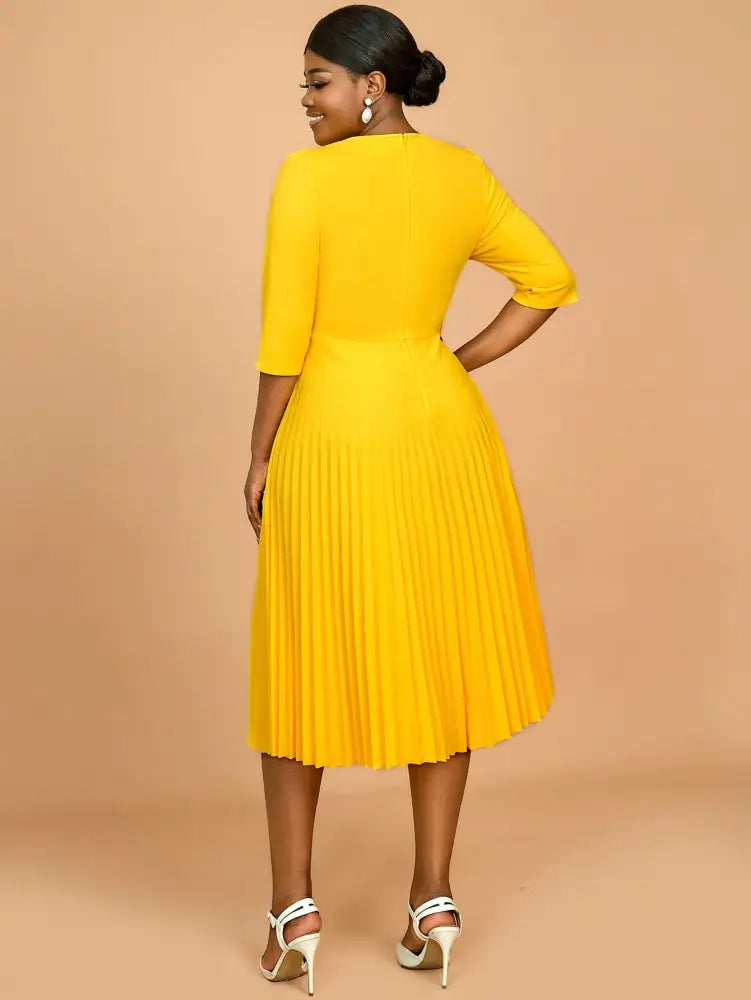 Yellow Wedding Guest Dress Round Neck Pleated A Line