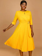 Yellow Wedding Guest Dress Round Neck Pleated A Line