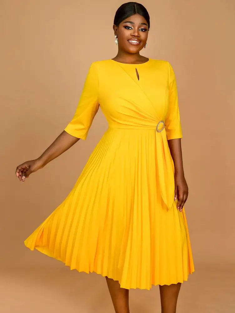 Yellow Wedding Guest Dress Round Neck Pleated A Line