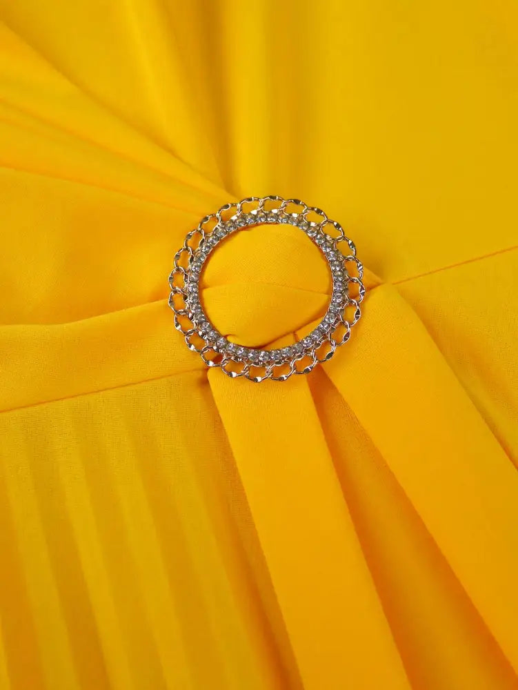 Yellow Wedding Guest Dress Round Neck Pleated A Line