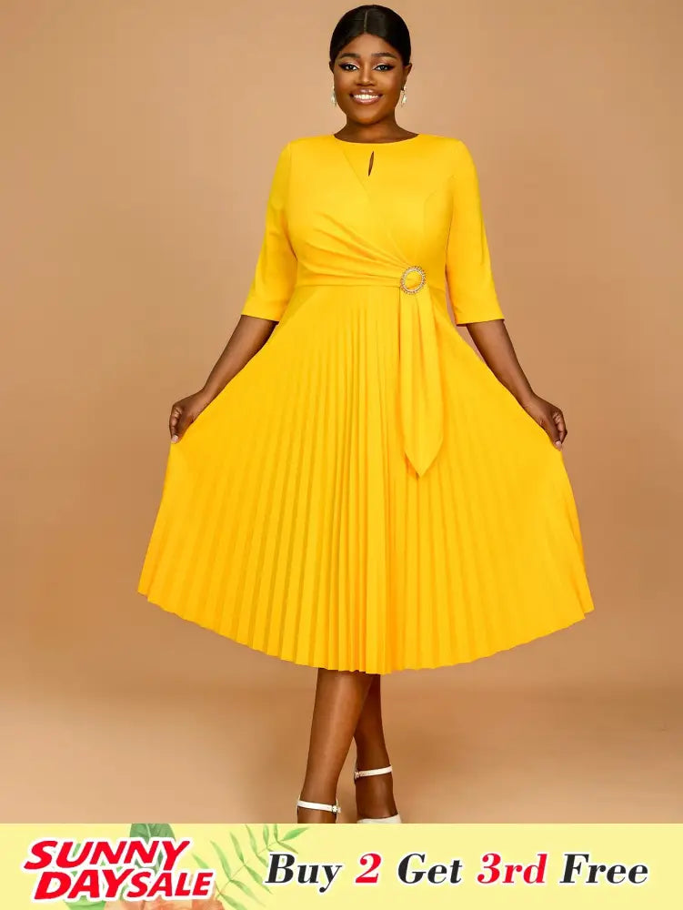 Yellow Wedding Guest Dress Round Neck Pleated A Line