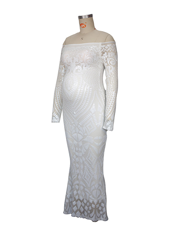 White Lace Sequin Off Shoulder Mermaid Bodycon Wedding Gown Baby Shower Elegant Foamal Maternity Photoshoot Maxi Dress