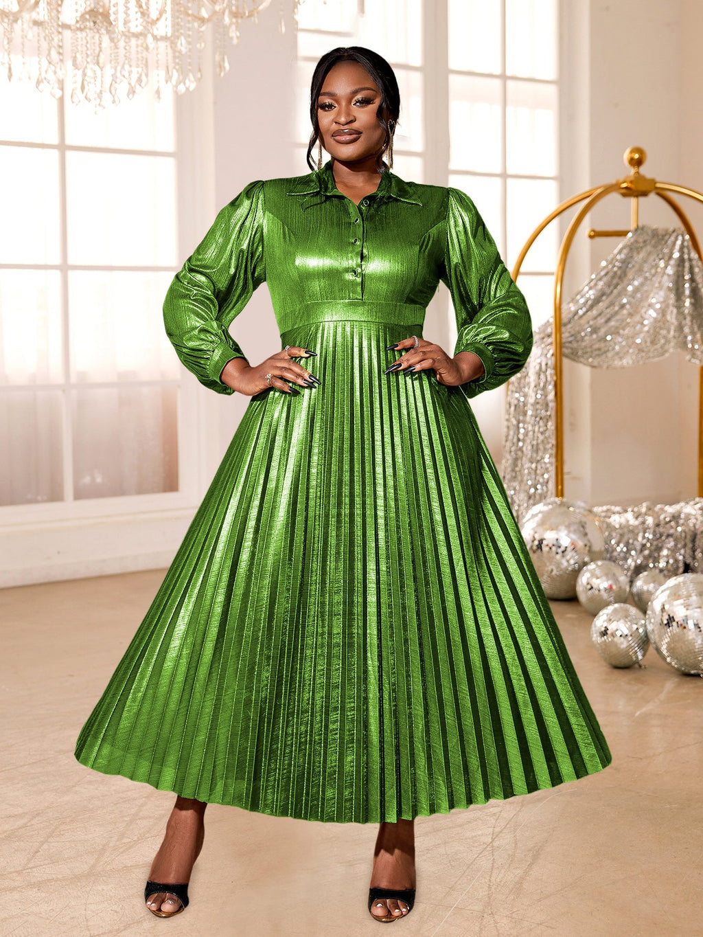 Pleated Dress Turn Down Collar Lantern Sleeves Button Up