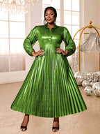 Pleated Dress Turn Down Collar Lantern Sleeves Button Up
