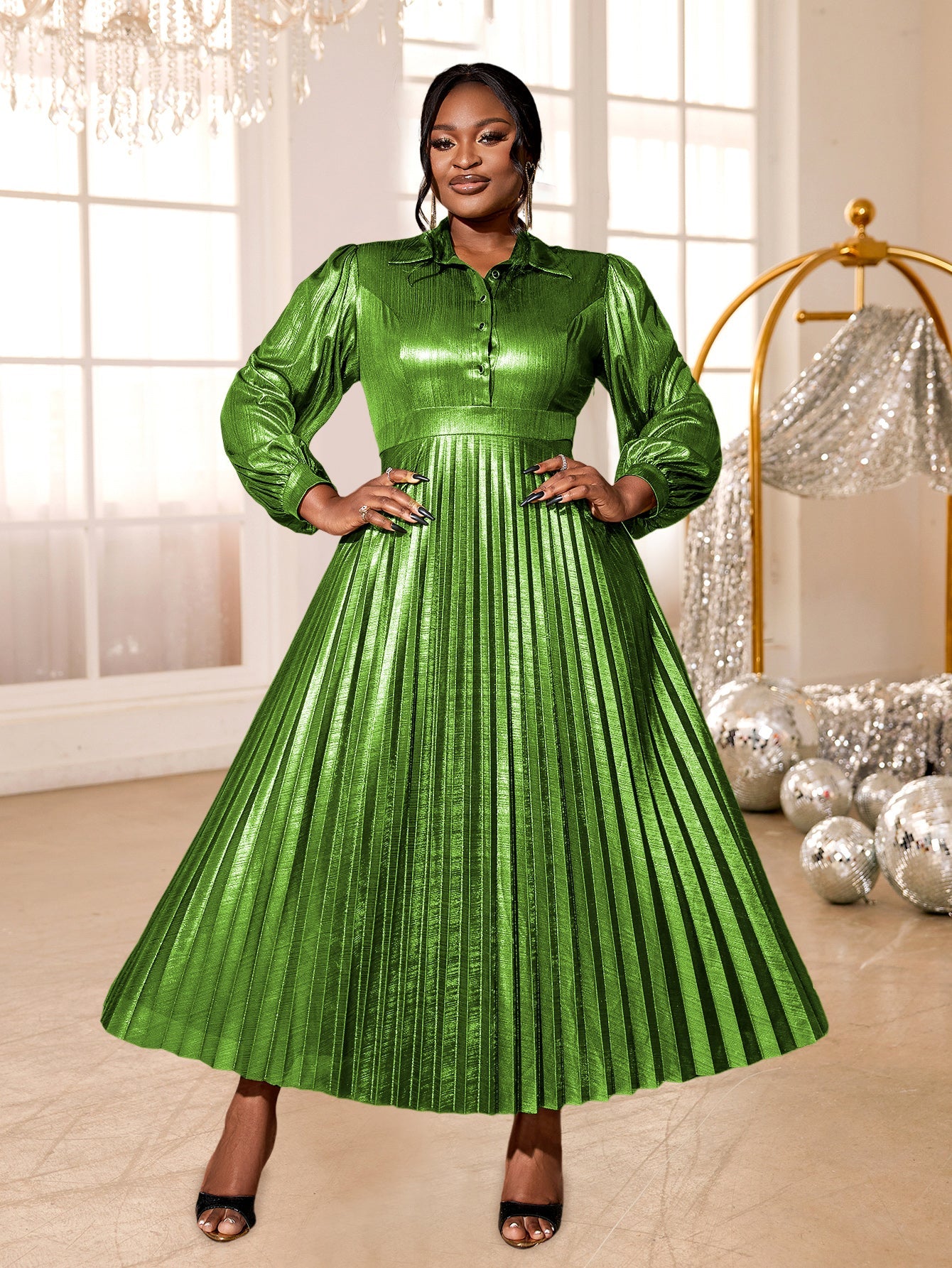 Pleated Dress Turn Down Collar Lantern Sleeves Button Up