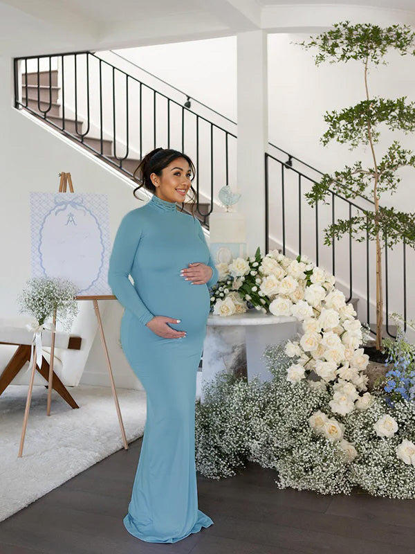 Blue High Neck Long Sleeve Mermaid Elegant Gender Reveal Maternity Photoshoot Baby Shower Maxi Dress