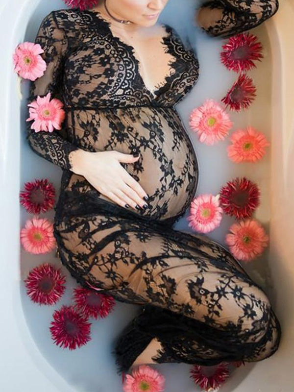 White Lace Robe V-neck Bathtub Photoshoot Plus Size Maternity Maxi Dress