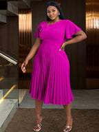 DRESS Asymmetrical Neck Ruffles Short Sleeve Pleated Dress