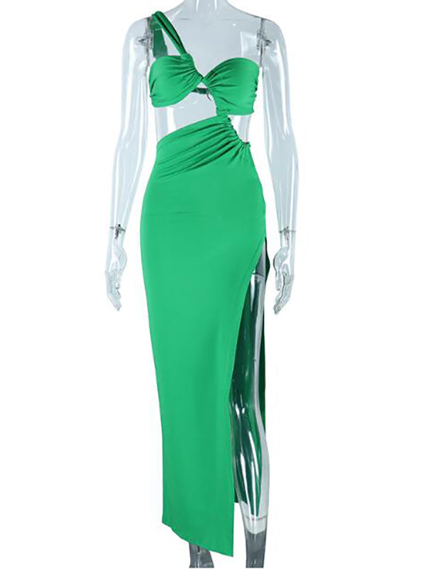 Green Irregular Cut Out One Shoulder High Slit Photoshoot Photography Pregnancy Maternity Maxi Dress