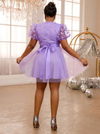 Lavender A Line Dresses O Neck Short Puff Sleeve