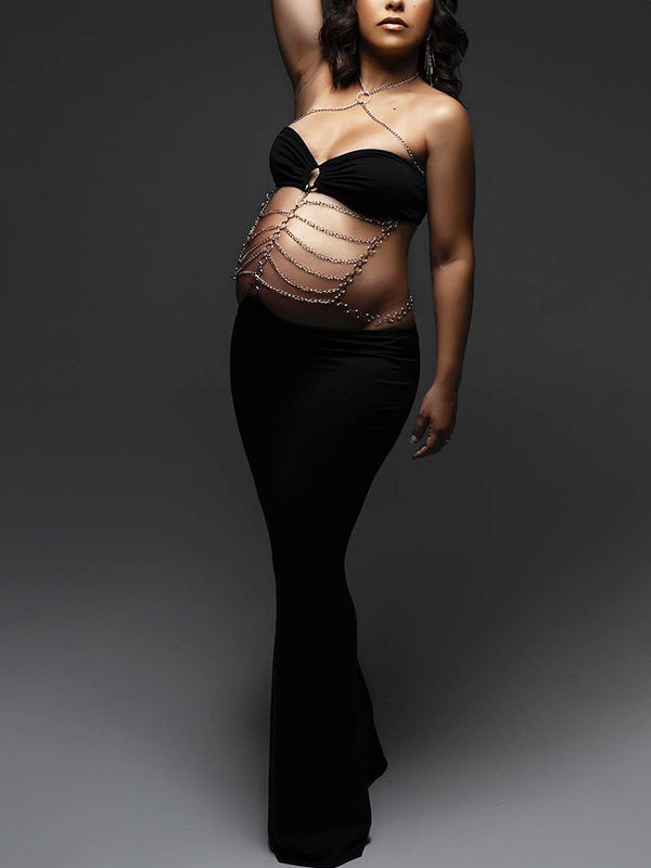 Black Cut Out Chain Halter Neck Bodycon Photoshoot Elegant Maternity Maxi Dress