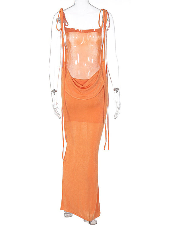 Orange Spaghetti Strap Draped Backless Sleeveless Cocktail Elegant Maternity Maxi Dress