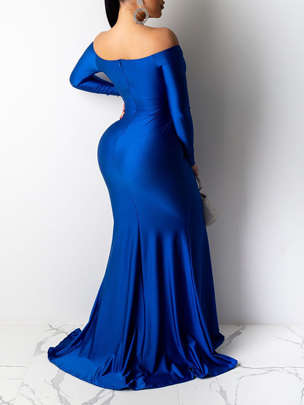 Blue Off Shoulder Long Sleeve High Split Bodycon Solid Baby Shower Party Gown Maternity Maxi Dress