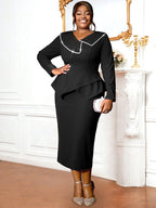 DRESS Asymmetric Split V Neck Dress Beaded Long Sleeve Ruffles