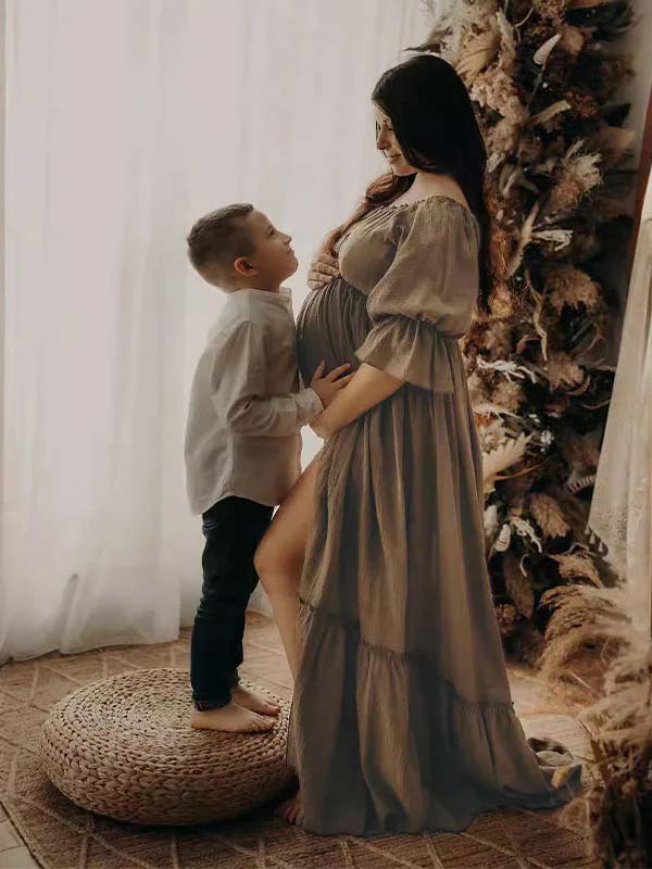 Off Shoulder Buttons Front Slit Open Train Elegant Photoshoot  Maternity Maxi Dress
