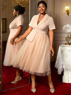 DRESS A Line Blazer Dresses With Waist Belt Patchwork Mesh Skirt