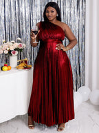 Gold Party Dress Long For Holiday One Shoulder Maxi Shiny Pleated
