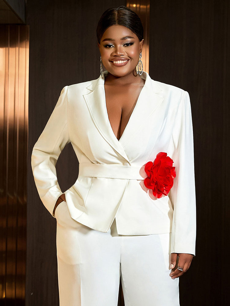 White Formal Blazer Top With Red Flower Office Lady Clothes