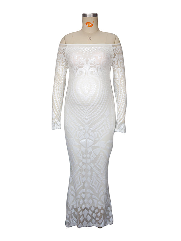White Lace Sequin Off Shoulder Mermaid Bodycon Wedding Gown Baby Shower Elegant Foamal Maternity Photoshoot Maxi Dress