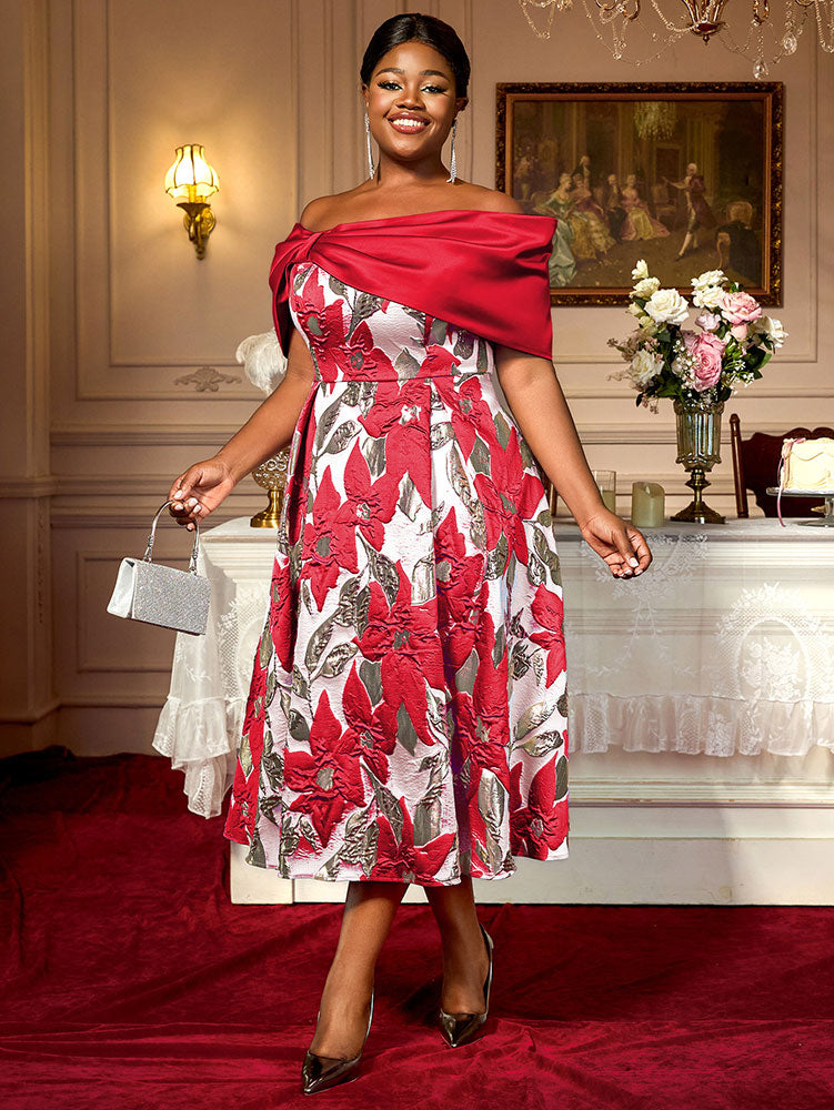 Elegant Jacquard A Line Wedding Guests Dresses Slash Neck