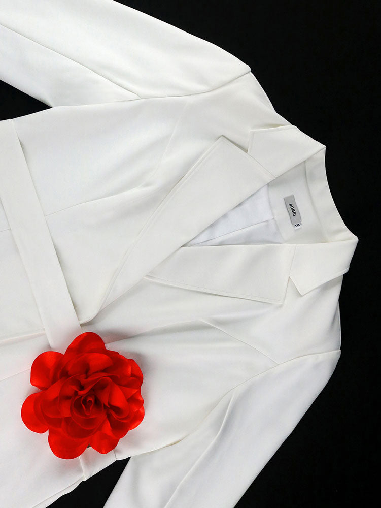 White Formal Blazer Top With Red Flower Office Lady Clothes