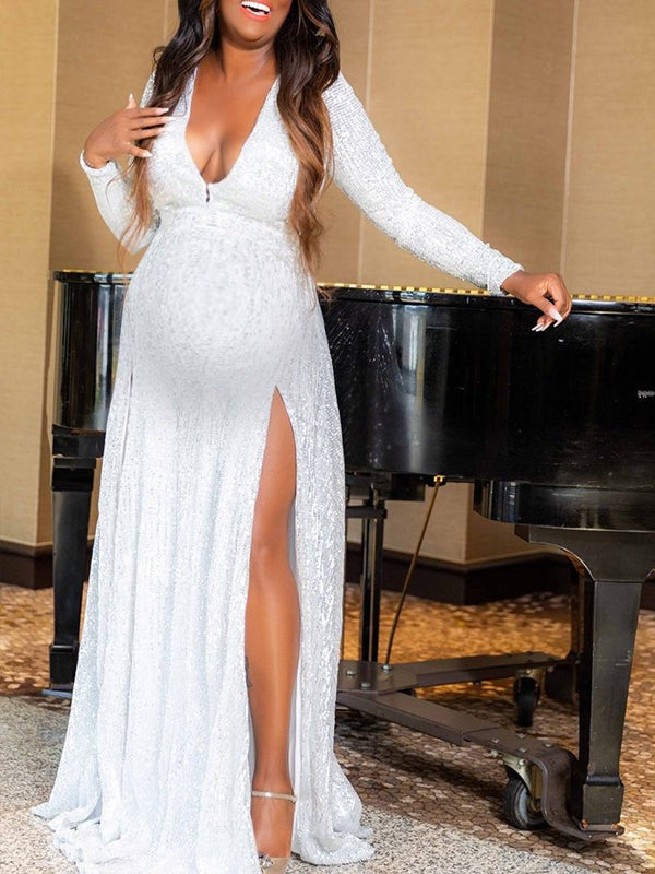 Sequin V-Neck Side Slit Long Sleeve Elegant Banquet Maternity Maxi Dress