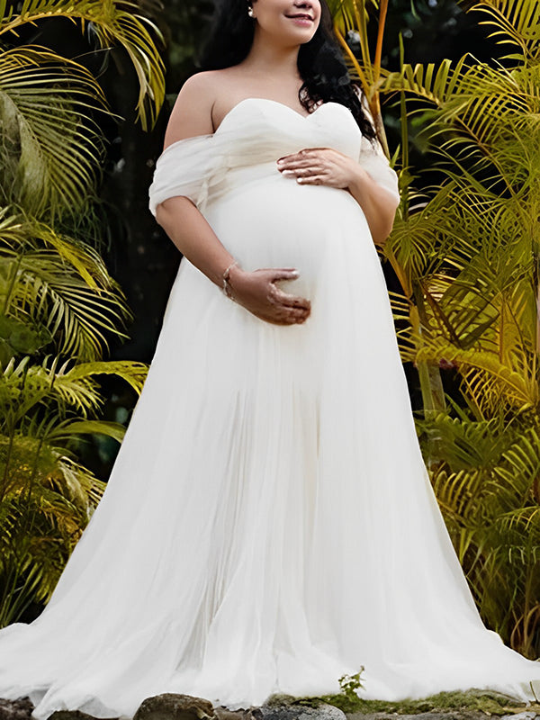 Grenadine Tulle Lace Off Shoulder Baby Shower Photoshoot Pregnant Maternity Maxi Dress