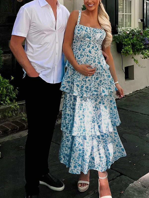Blue Floral Layered Ruffle Falbala Tiered Skirt Tank Backless Elegant Vacation Flowy Maternity Photoshoot Baby Shower Maxi Dress