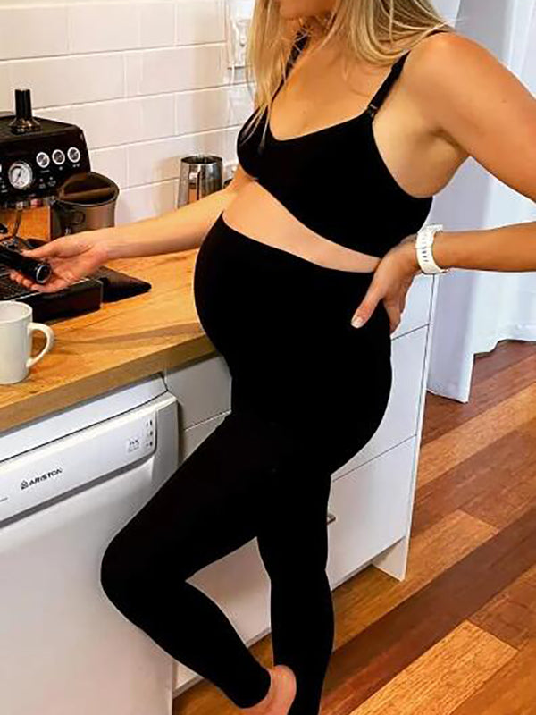 Black Pockets High Rise Stretch Pregnant Legging Sports Maternity Long Leggings