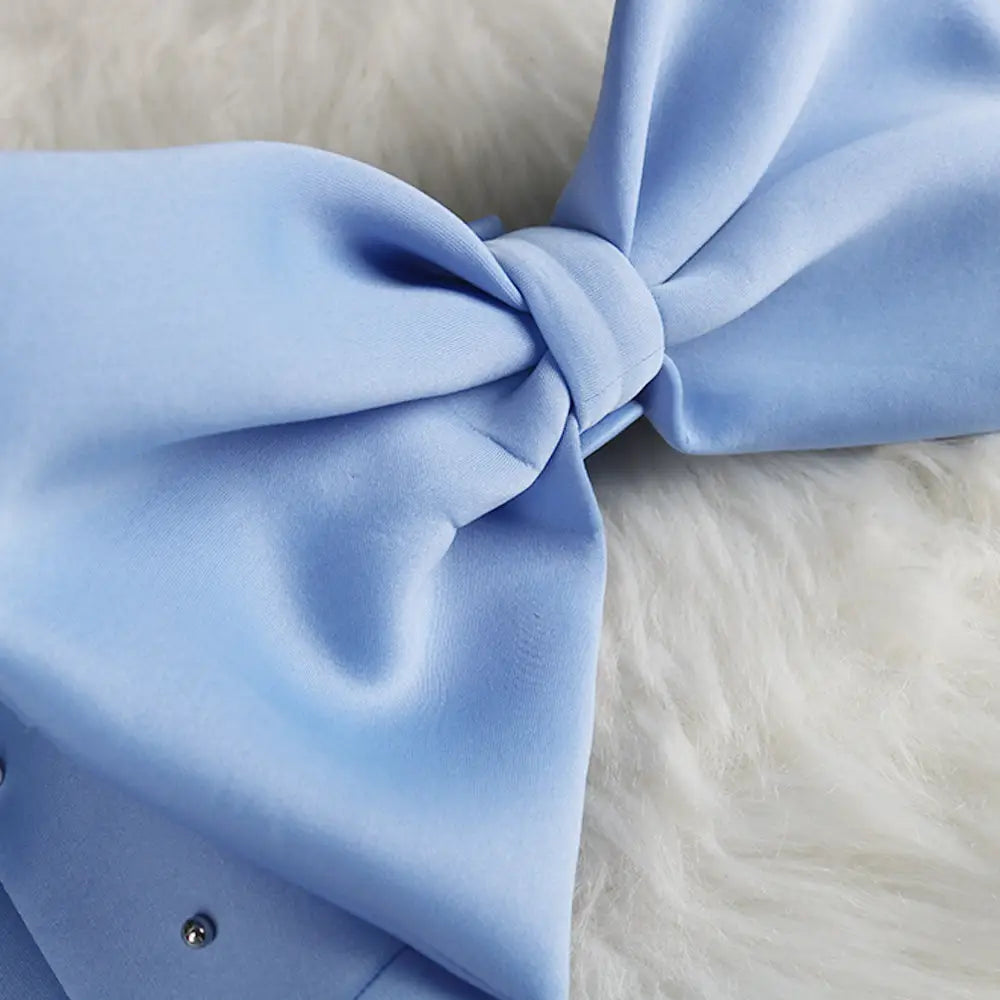 Blue Ruffles Beads Bowtie Party Dress Mini