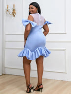 Blue Ruffles Beads Bowtie Party Dress Mini