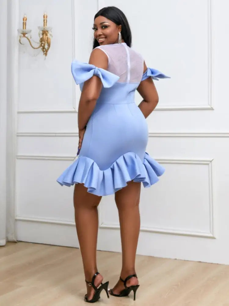 Blue Ruffles Beads Bowtie Party Dress Mini