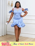 Blue Ruffles Beads Bowtie Party Dress Mini